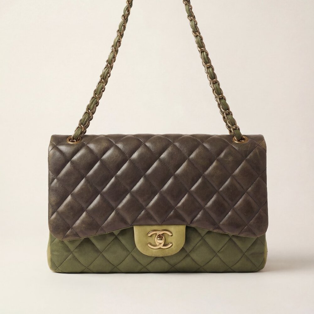 Chanel Classic Jumbo Double Flap Tri-Tone Green Quilted Lambskin Gold HW